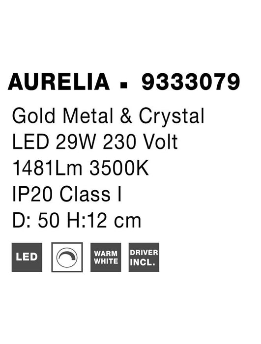AURELIA Triac Dimmable Gold Metal & Crystal LED 29W 230 Volt 1481Lm 3500K IP20 Class I D: 50 H: 12 cm