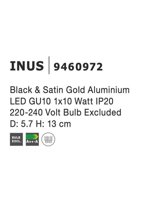 INUS Black & Satin Gold Aluminium LED GU10 1x10 Watt 220-240 Volt IP20 Bulb Excluded D: 5.7 H: 13 cm Rotating & Adjustable