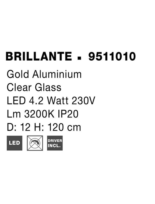 BRILLANTE Gold Aluminium & Acrylic LED 6 Watt 230 Volt 247Lm 3200K IP20 D: 12 H: 120 cm Adjustable Height