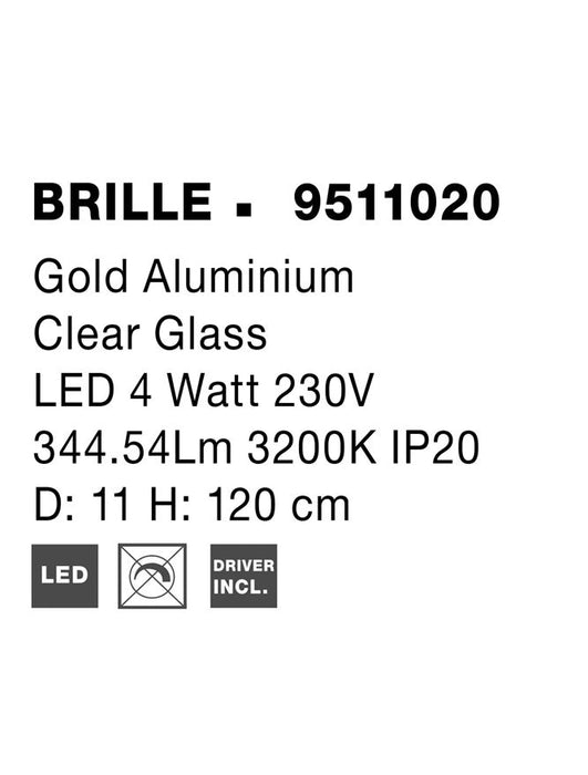 BRILLE Gold Aluminium & Acrylic LED 19 Watt 230 Volt 1232Lm 3200K IP20 D: 30 H: 200 cm Adjustable Height