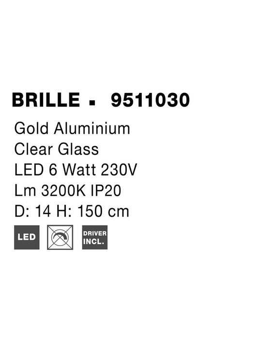 BRILLE Gold Aluminium & Acrylic LED 6 Watt 230 Volt 322Lm 3200K IP20 D: 14 H: 150 cm Adjustable Height