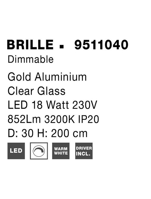 BRILLE Triac Dimmable Gold Aluminium & Acrylic LED 19 Watt 230 Volt 1232Lm 3200K IP20 D: 30 H: 200 cm Adjustable Height