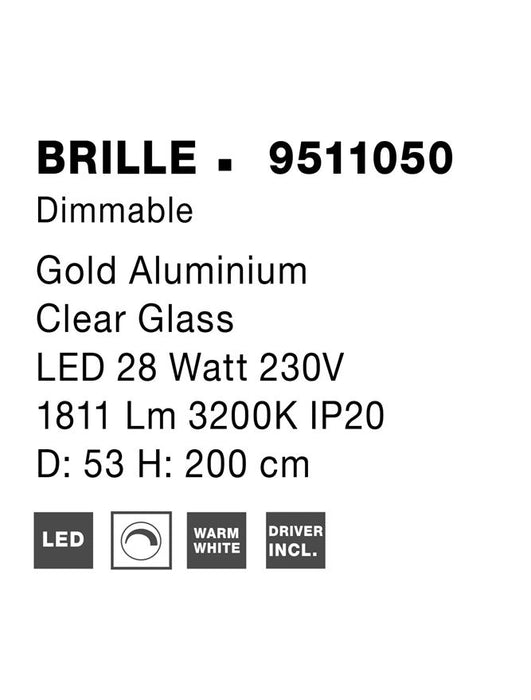 BRILLE Triac Dimmable Gold Aluminium & Acrylic LED 22 Watt 230 Volt 1811Lm 3200K IP20 D: 52 H: 200 cm Adjustable Height