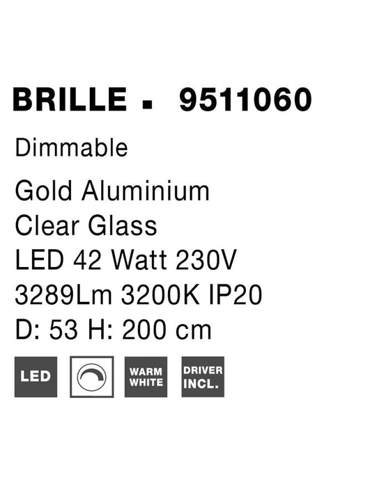 BRILLE Triac Dimmable Gold Aluminium & Acrylic LED 42 Watt 230 Volt 2710Lm 3200K IP20 D: 52 H: 200 cm Adjustable Height