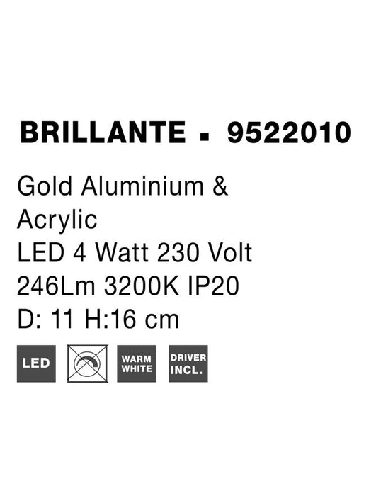 BRILLANTE Gold Aluminium & Acrylic LED 6 Watt 230 Volt 246Lm 3200K IP20 D: 11 H: 16 cm