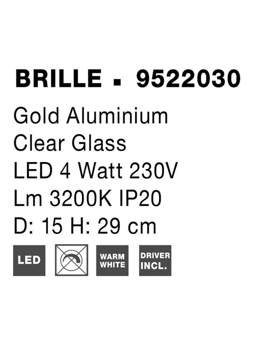BRILLE Gold Aluminium & Acrylic LED 4 Watt 230 Volt 231Lm 3200K IP20 Cable Length: 200 cm D: 12 H: 29 cm