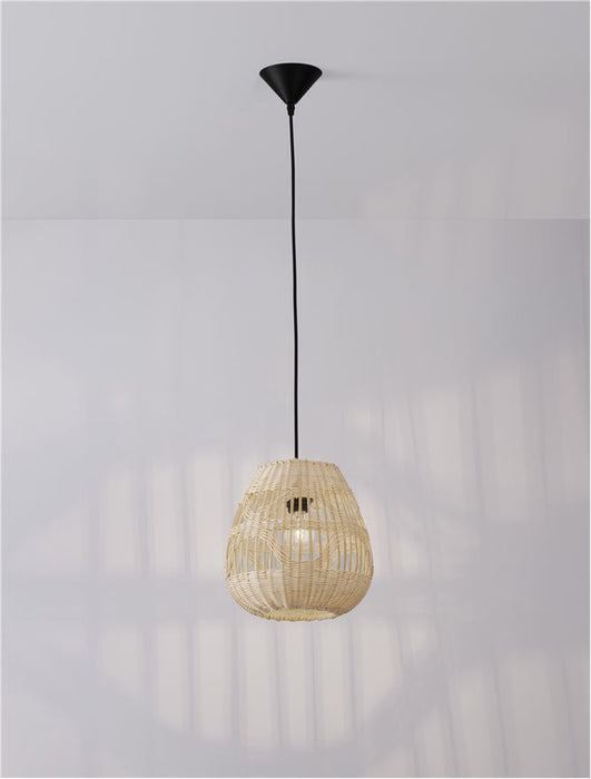 MARLO Natural Rattan Black Fabric Wire & Base LED E27 1x12 Watt 230 Volt IP20 Bulb Excluded D: 27 H 1: 26.5 H 2: 180 cm Adjustable height