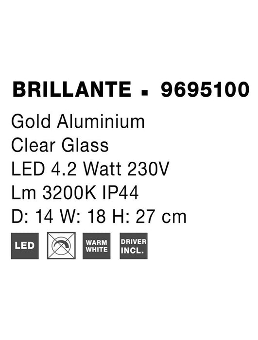 BRILLANTE Gold Aluminium & Acrylic LED 4 Watt 230 Volt 205Lm 3200K IP44 D: 14 W: 18 H: 27 cm