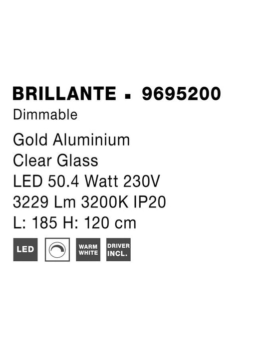 BRILLANTE Triac Dimmable Gold Aluminium & Acrylic LED 49 Watt 230 Volt 3256Lm 3200K IP20 L: 185 H: 120 cm Adjustable Height