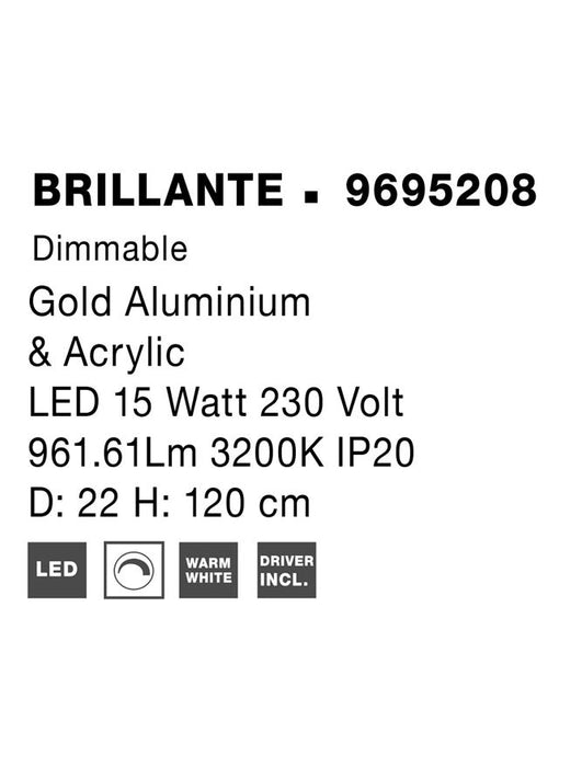 BRILLANTE Triac Dimmable Gold Aluminium & Acrylic LED 16 Watt 230 Volt 665Lm 3200K IP20 D: 22 H: 120 cm Adjustable Height