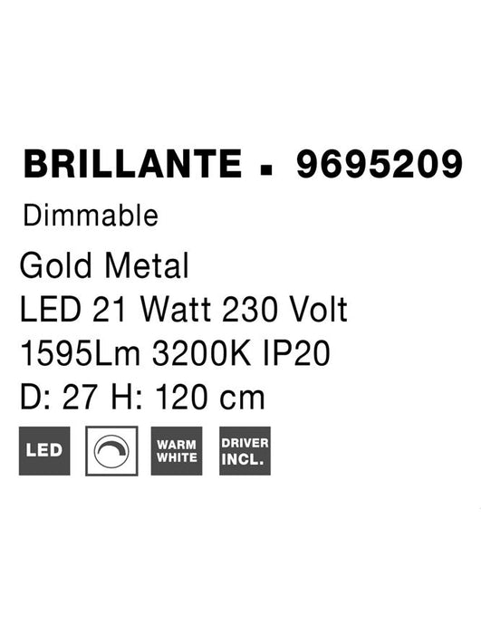 BRILLANTE Triac Dimmable Gold Aluminium & Acrylic LED 26 Watt 230 Volt 1213Lm 3200K IP20 D: 27 H: 120 cm Adjustable Height