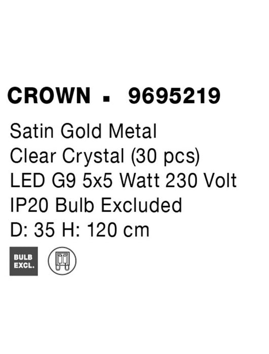 CROWN Satin Gold Metal Clear Crystal (30 pcs) LED G9 5x5 Watt 230 Volt IP20 Bulb Excluded D: 35 H: 120 cm Adjustable Height