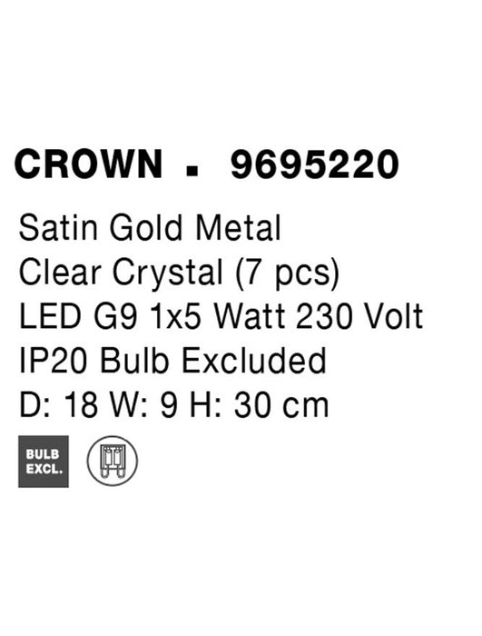 CROWN Satin Gold Metal Clear Crystal (7 pcs) LED G9 1x5 Watt 230 Volt IP20 Bulb Excluded L: 18 W: 9 H: 30 cm