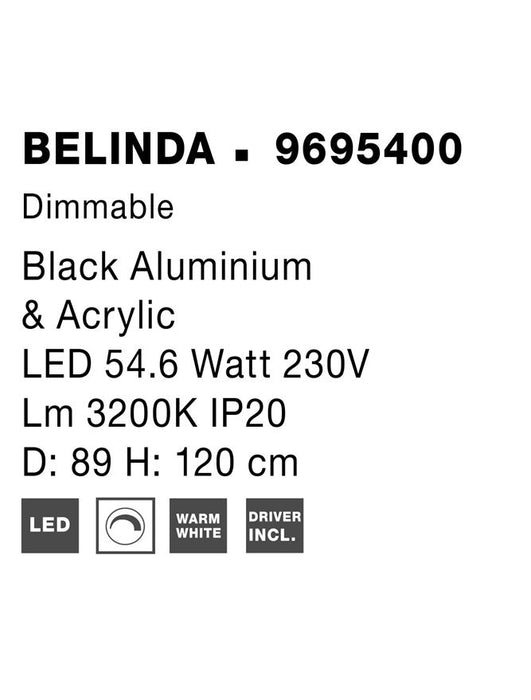 BELINDA Triac Dimmable Black Aluminium & Acrylic LED 53 Watt 230 Volt 2984Lm 3000K IP20 D: 89 H: 120 cm Adjustable Height