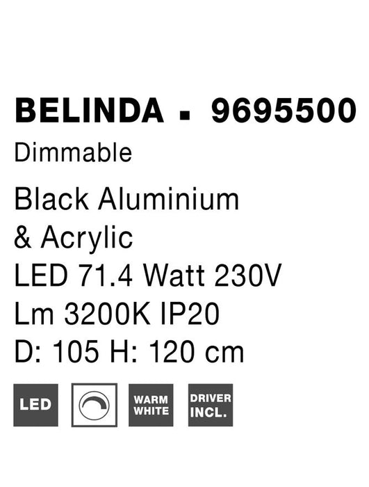 BELINDA Triac Dimmable Black Aluminium & Acrylic LED 78 Watt 230 Volt 4492Lm 3000K IP20 D: 105 H: 120 cm Adjustable Height