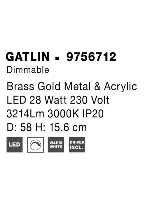GATLIN Triac Dimmable Brass Gold Metal & Acrylic LED 27 Watt 230 Volt 1306Lm 3000K IP20 D: 56 H: 15.6 cm