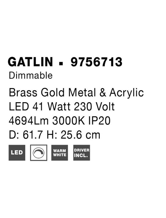 GATLIN Triac Dimmable Brass Gold Metal & Acrylic LED 41 Watt 230 Volt 2116Lm 3000K IP20 D: 68 H: 25.6 cm
