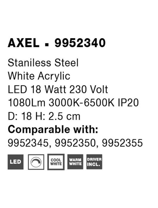 AXEL Stainless Steel White Acrylic LED 18 Watt 230 Volt 1080Lm 3000K-6500K IP20 D: 18 H: 2.5 cm Compatible with: 9952345, 9952350, 9952355