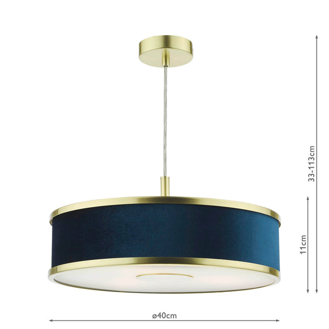 Alvaro 3 Light Pendant Brushed Brass and Blue With Shade