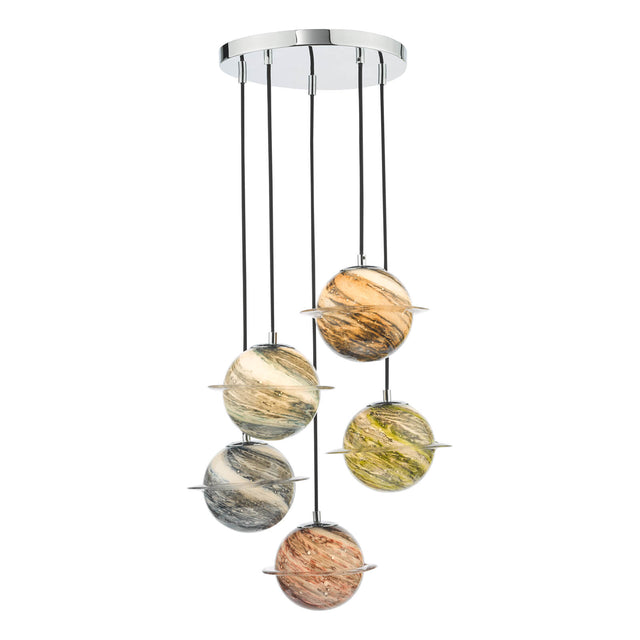 Cygnus 5 Light Cluster Pendant Polished Chrome and Planet Style Glass