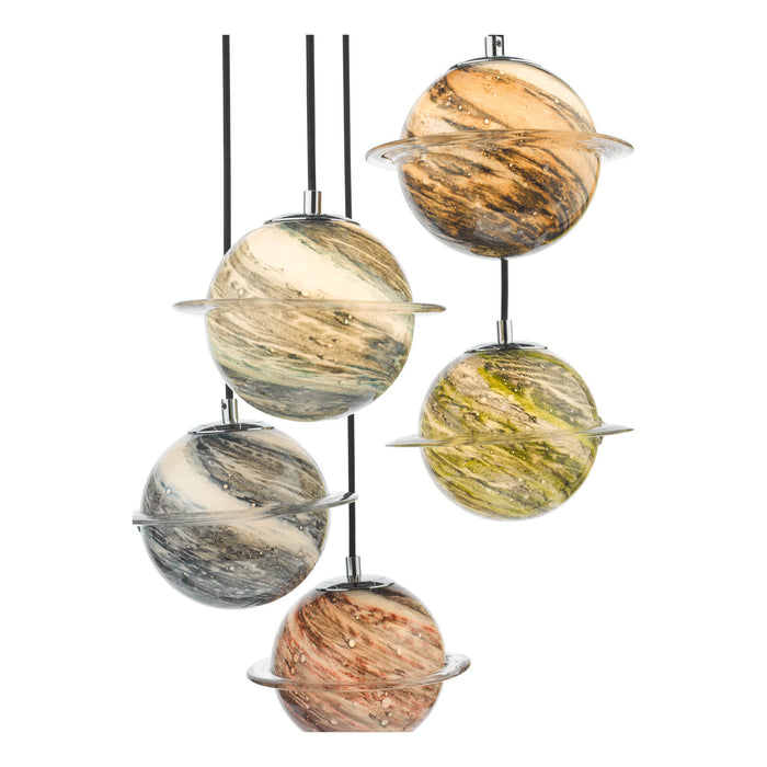 Cygnus 5 Light Cluster Pendant Polished Chrome and Planet Style Glass