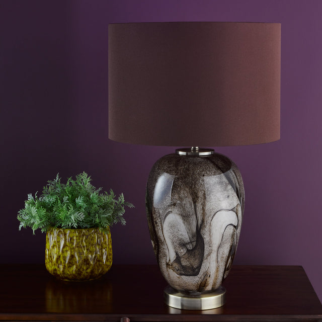 Egas Table Lamp Brown Marble Effect Glass and Antique Brass With Shade