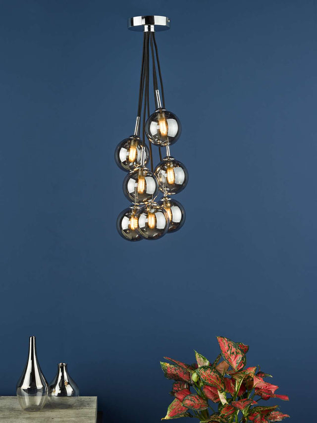 Elpis 7 Light Cluster Pendant Polished Chrome Smoked Glass