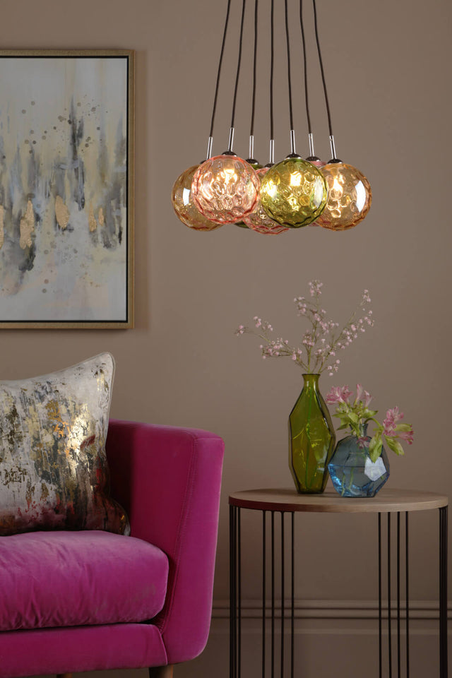 Elpis 7 Light Cluster Pendant Polished Chrome Mixed Coloured Glass