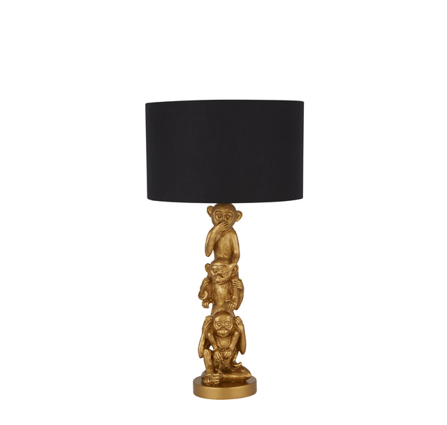 3 Wise Monkeys Table Lamp - Gold Resin & Black Fabric Shade