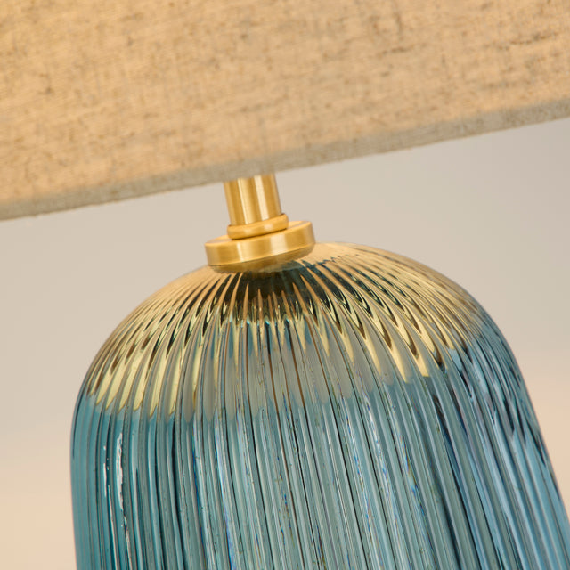 Cameo 1Lt Table Lamp, Blue Glass with Natural Linen Shade