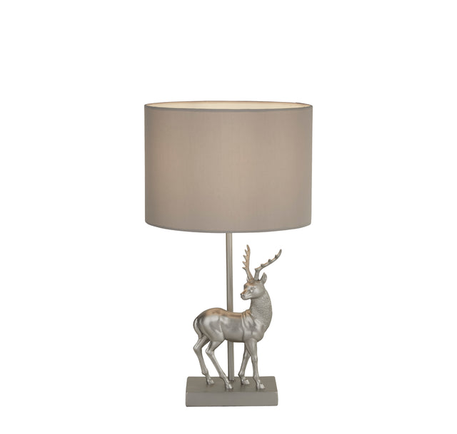 Deer Table Lamp - Silver Resin & Grey Fabric Shade