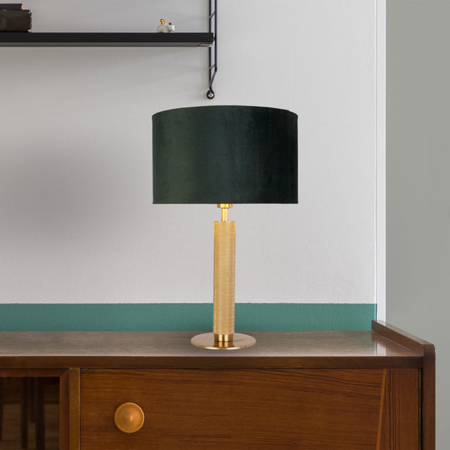 London Table Lamp - Knurled Brass & Green Velvet Shade