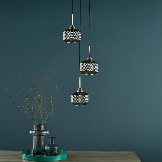 Fabrienne 3 Light Cluster Pendant Satin Nickel and Smoked Glass