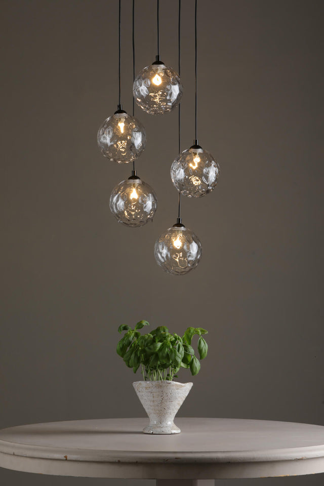 Federico 5 Light Cluster Pendant Matt Black Clear Dimpled Glass