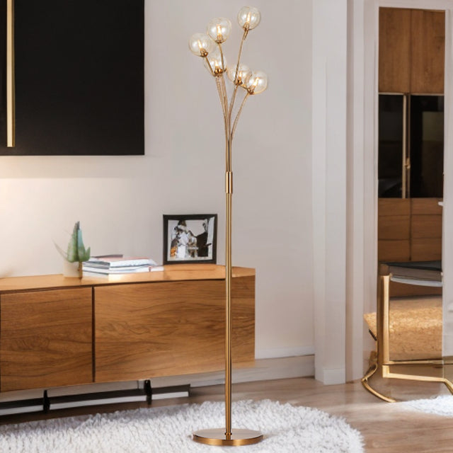 Matt Brass W/ Amber Globe Glass Shades Floor Lamp