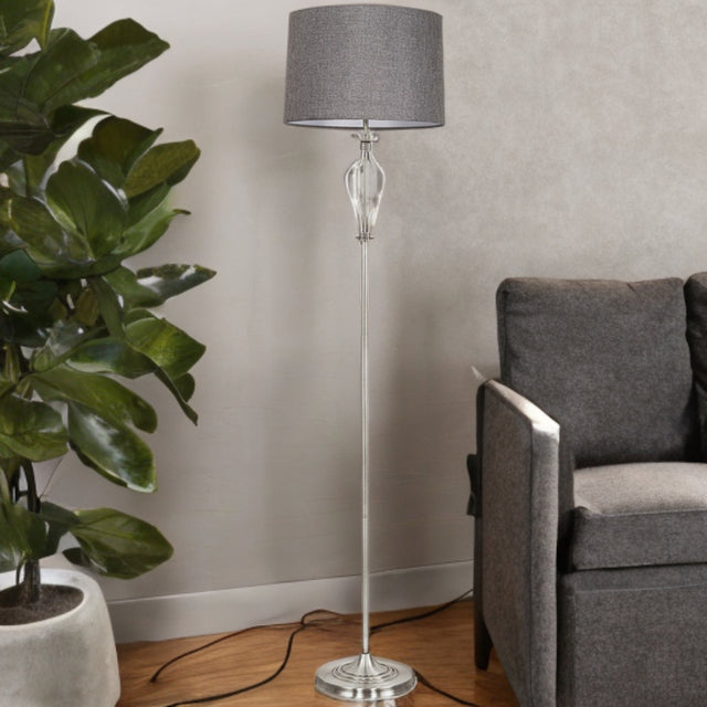 Satin Nickel Floor Lamp C/W Grey Textured Shade