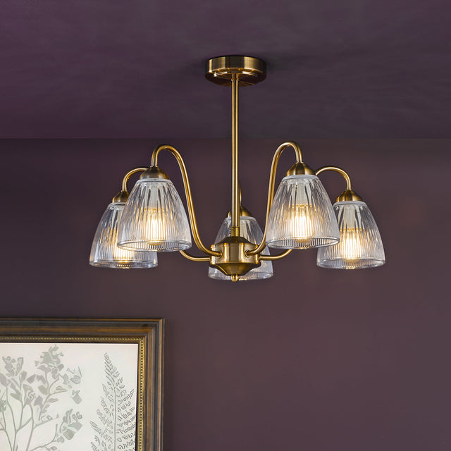 Glynis 5 Light Semi-Flush Brushed Bronze and Ribbed Glass