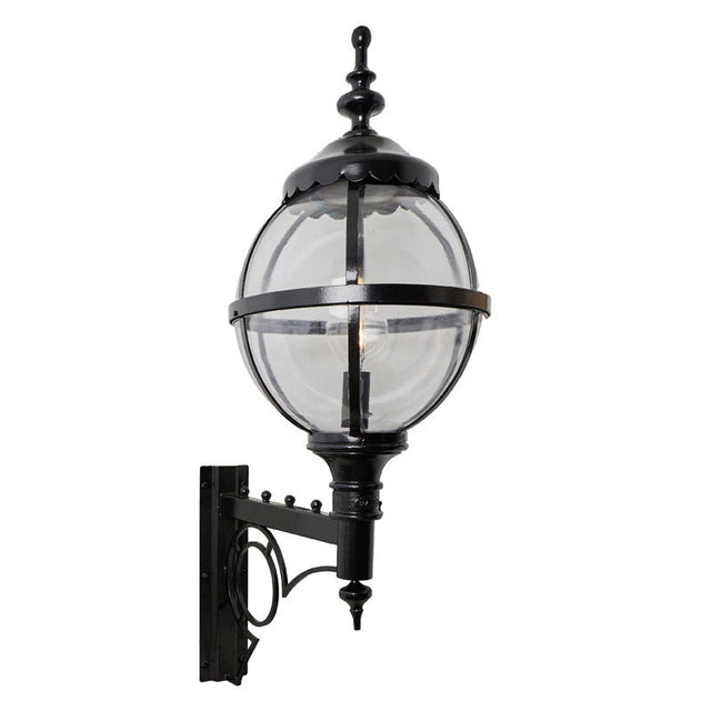 Large Victorian style globe wall light in steel with decorative arm