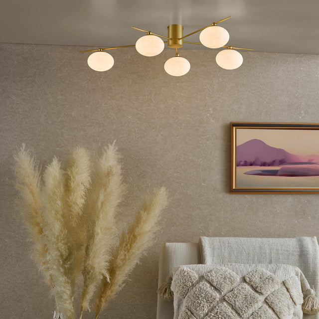 Jasper 5 Light Semi-Flush Satin Gold and Opal Glass