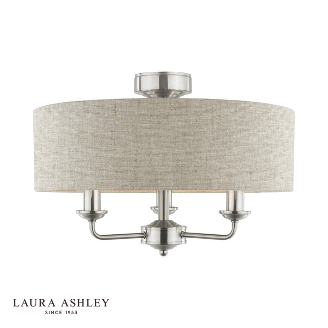 Laura Ashley Sorrento 3 Light Semi-Flush Satin Nickel and Natural With Shade