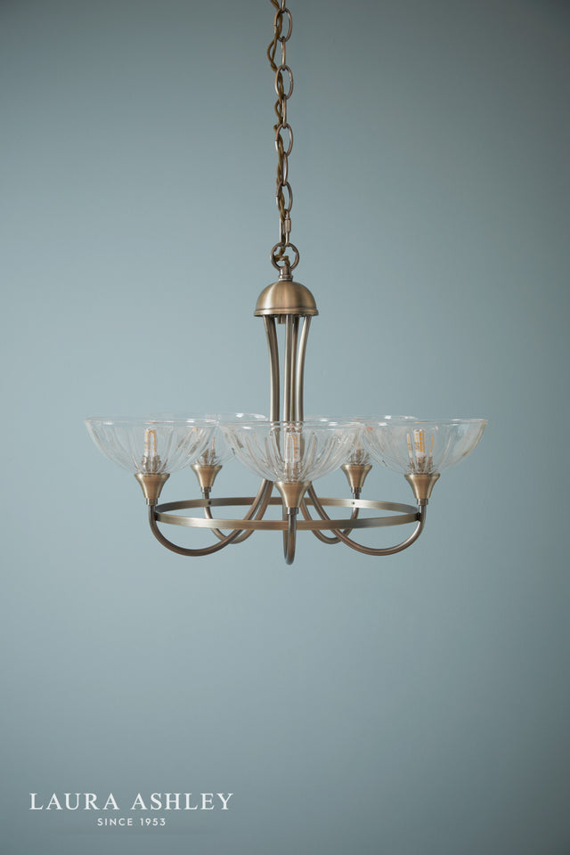 Laura Ashley Wellham 5 Light Armed Pendant Antique Brass and Glass