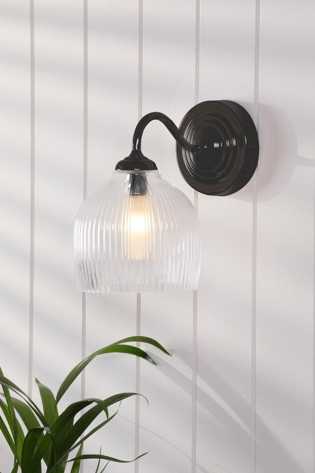 Laura Ashley Charissa Bathroom Wall Light Matt Black and Ribbed Glass IP44