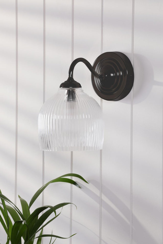Laura Ashley Charissa Bathroom Wall Light Matt Black and Ribbed Glass IP44
