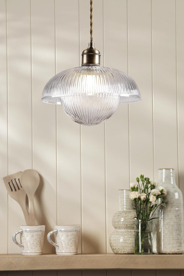 Laura Ashley Billham Pendant Matt Antique Brass and Ribbed Glass