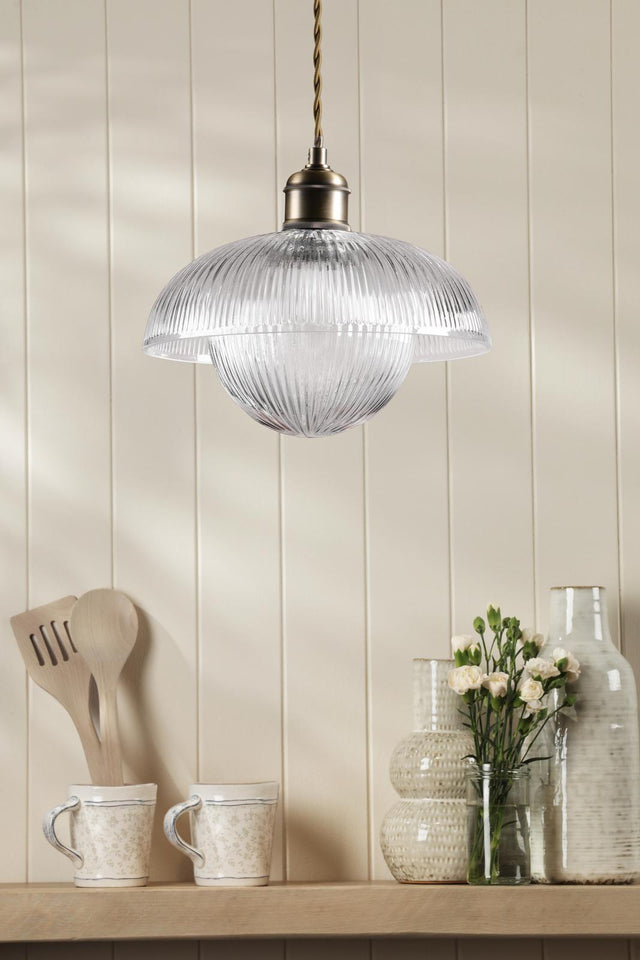 Laura Ashley Billham Pendant Matt Antique Brass and Ribbed Glass