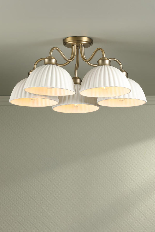 Laura Ashley Durford 5 Light Semi-Flush Matt Antique Brass and White Ceramic