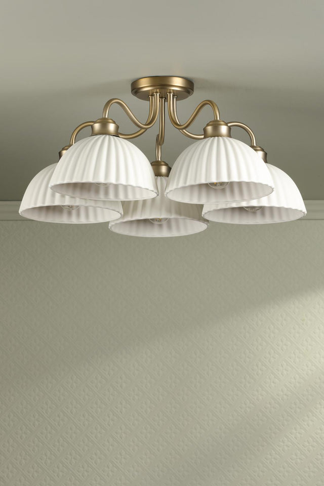 Laura Ashley Durford 5 Light Semi-Flush Matt Antique Brass and White Ceramic