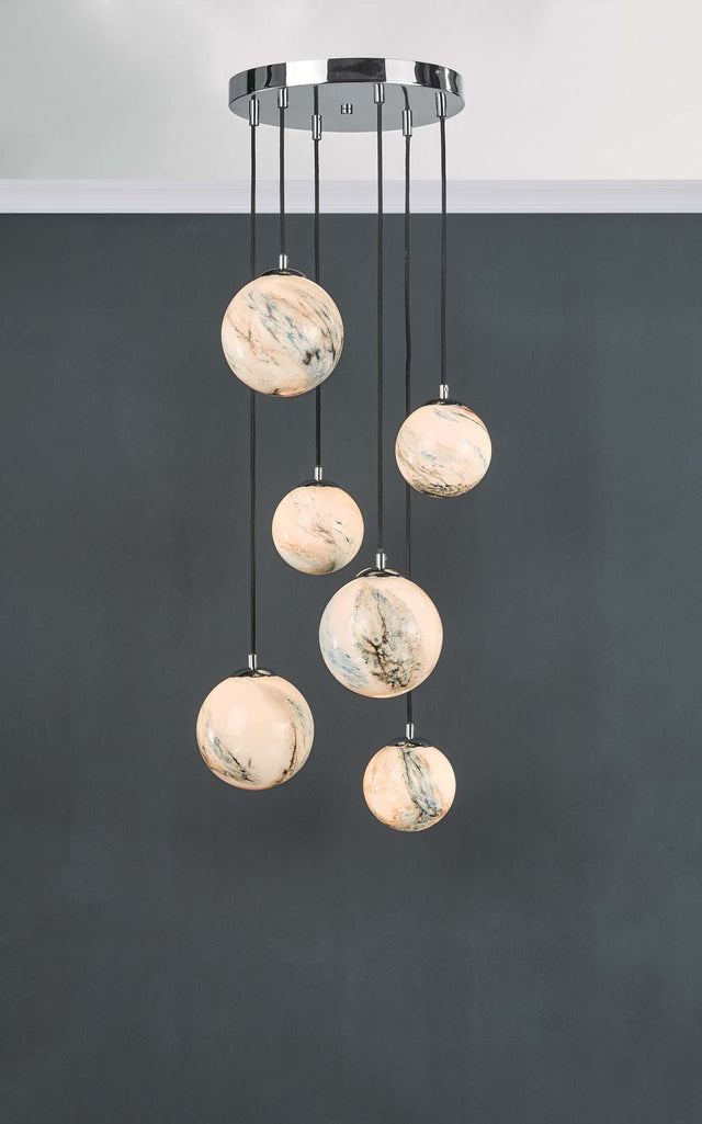 Mikara 6 Light Cluster Pendant Marble Effect Glass & Polished Chrome