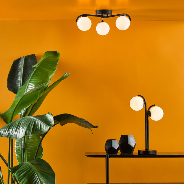 Orlena 3 Light Flush Matt Black and Opal Glass