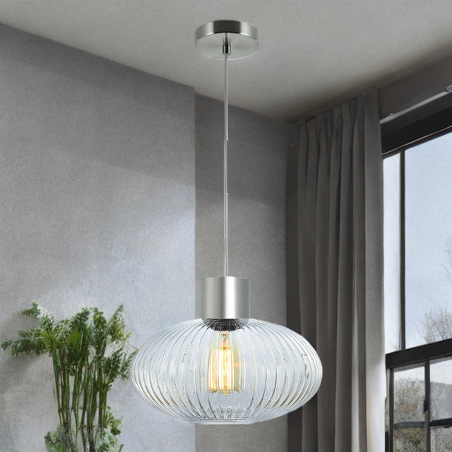 Satin Nickel W/ Ribbed Clear Glass Skytech Pendant